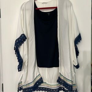 White Swim Cover-up or Kimono with Navy Trim